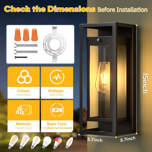 15in E26 Dusk to Dawn Outdoor Wall Sconce-Black Modern Exterior Lighting Fixture Waterproof Porch Lights Large Outside