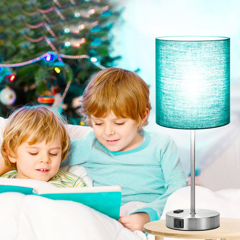 Set 2 2 3-Way Dimmable 800 5000K Bulbs Lynnoland Green Touch Table Lamps of with USB & AC Outlet, Bedside Nightstand