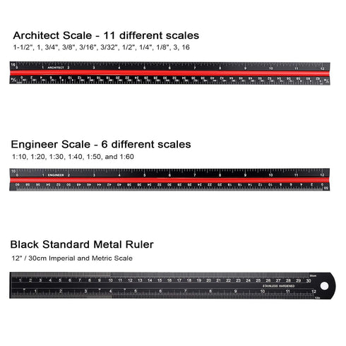 OwnMy 3 Pack 12 Inch Set, 3-Colors-Groove Set, Solid Aluminum Triangular Architect Scale Ruler Architectural