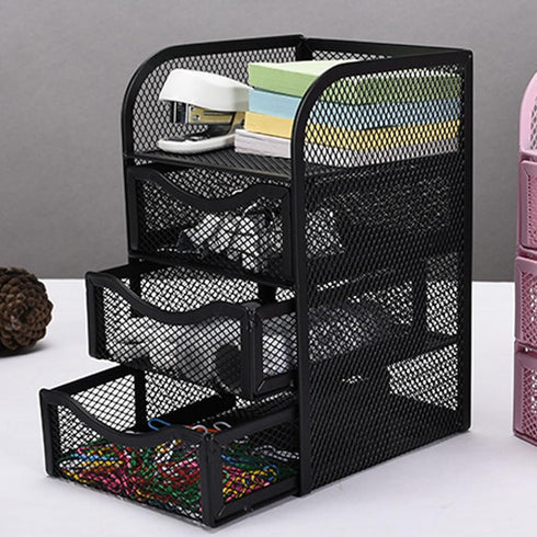 HEEPDD 3 Tier Mesh Office Desktop Organizer with 3 Drawer, Mini Desk Supplies Organizer, Metal Stationary Black Desk