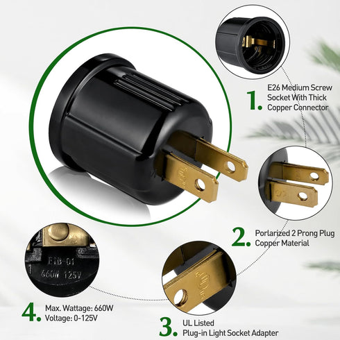 Bulb 2-Prong E26 E27 Bulb 660 125 (2, Outlet to Socket Adapter,Plug-in Light Socket,Convert Outlet to Light