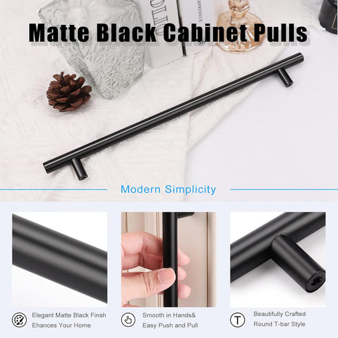 KNOBWELL 6 Pack 10" Black Cabinet Handles, Euro Style Stainless Steel Modern Long Kitchen Door Pulls