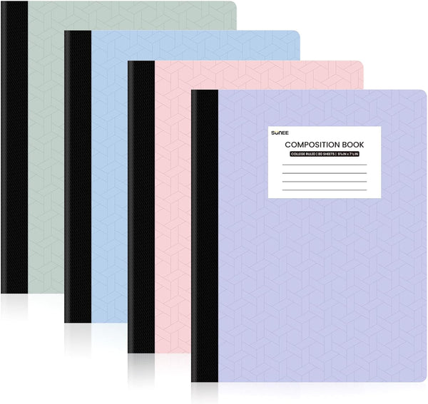 SUNEE Composition Notebooks (4 Pack) - College Ruled Paper, 9 3/4" x 7 1/2", 80 Sheets/160 Pages, Assorted Colors