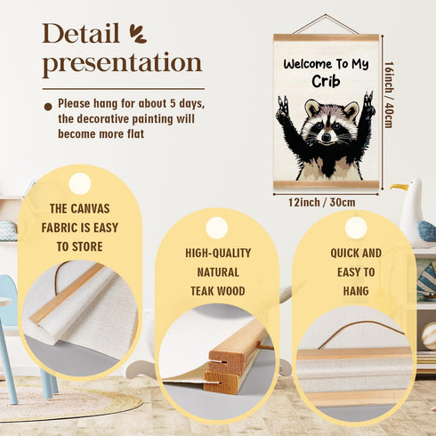 ZTGDA Welcome to My Crib Wall Art,Funny Raccoon Poster Durable Man Cave Wall Decor,Raccoon Canvas Hanging Sign