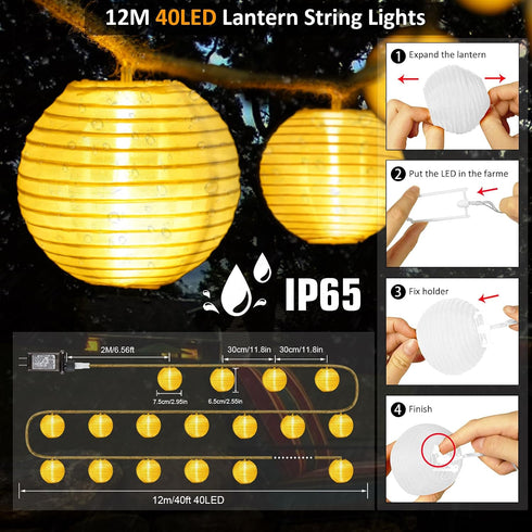 40ft 40LED 2700K StarryEver Lantern String Lights Plug in- Warm White Mini Lantern Lights Waterproof, Hanging Hemp Rope
