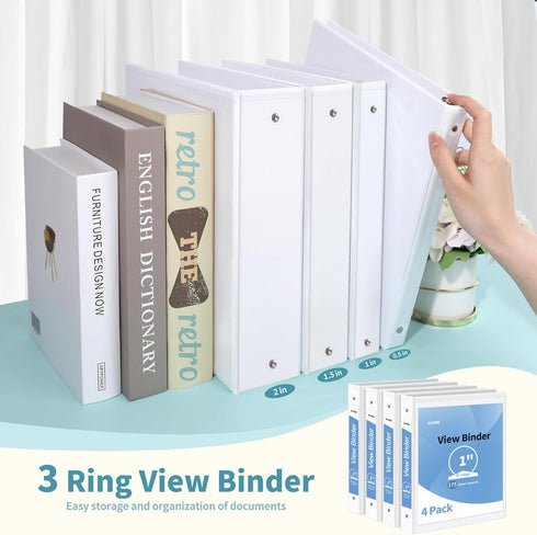 SUNEE 3 Ring Binder (White) - 1 Inch 4 Pack, Clear View Binder Three Ring PVC-Free (Fit 8.5x11 Inches) for School or
