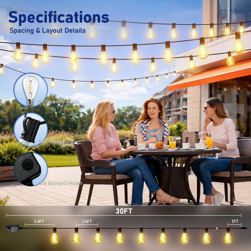 Sikitul 30FT 10+1 S11 Bulbs, Dimmable 2700K 3 LED Outdoor String Lights with Remote, One Continuous Strand Patio Lights