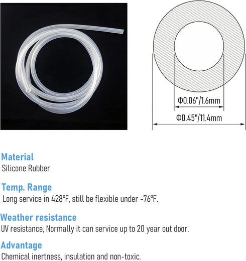 Silicone Tubing 1.6 x 4.8mm/0.06" x 0.19"(IDxOD) 16.4Ft/5m Length Flexible Transparent Peristaltic Pump Tube Silicone Rubber Tube Air Hose Water Pipe for Pump Transfer