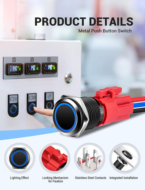 16mm 12V 0.63" SARDVISA Latching Push Button Switch, DC On Off Power Button with LED Angel Eye Ring Light, Mounting