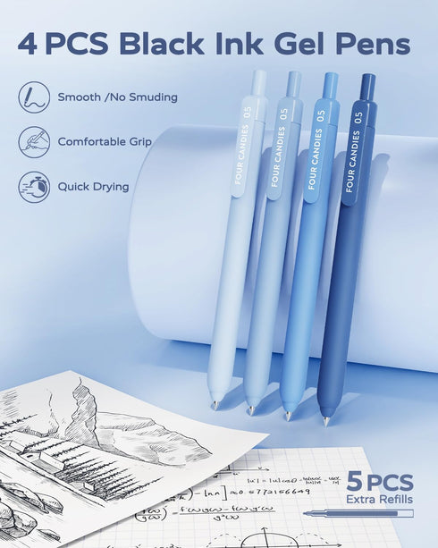 Four Candies Blue School Supplies, Gel Pens with Black Ink, Correction Tapes,Pastel Highlighters, Mechanical Pencils