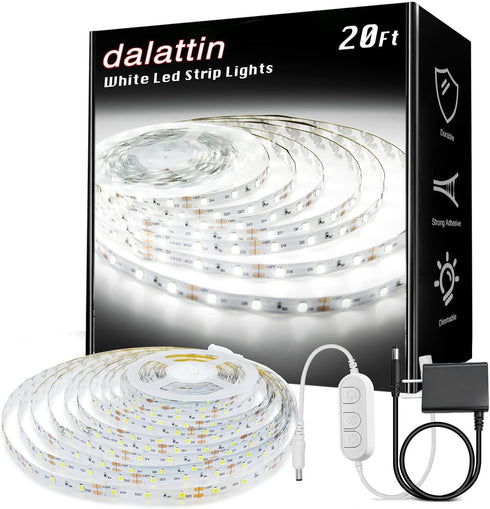 dalattin White LED Strip Lights, 20ft Dimmable Super Bright 24V Led Tape