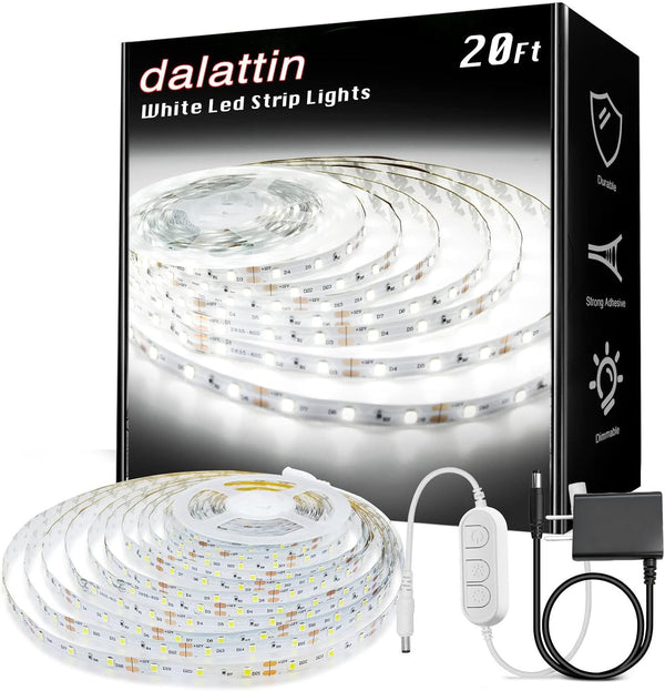 dalattin White LED Strip Lights, 20ft Dimmable Super Bright 24V Led Tape