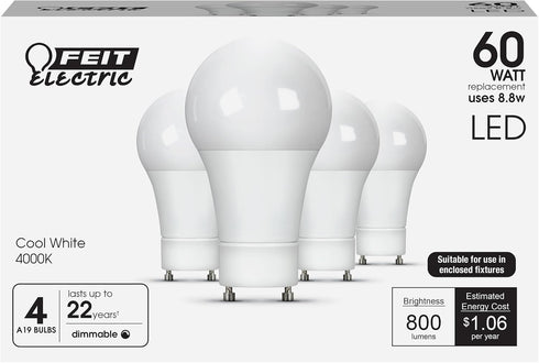 Feit Electric A19 LED Light Bulbs, 60W Equivalent, GU24 Twist-Lock Base, Dimmable,