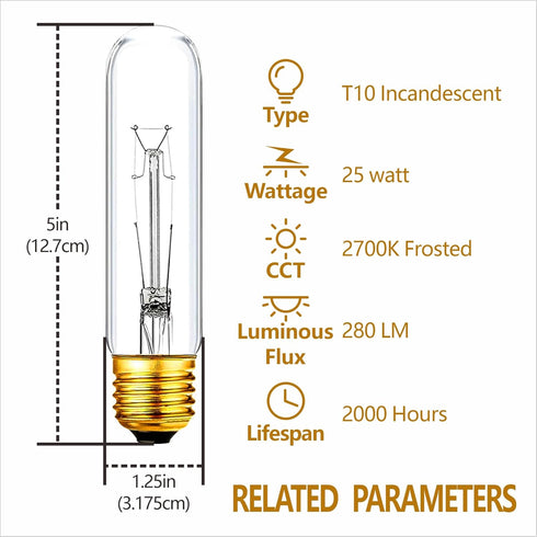 MMBGJKG 25 T10 Bulb, T10 Bulb,Vintage Bulb,Showcase lamp,Dimmable Bulb (4PC) Watt Clear Tubular Incandescent Light