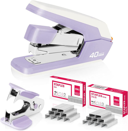 Deli Effortless Desktop Stapler, Heavy Duty, One Finger, 40-50 Sheet Capacity, includes Staples & Staple Remover, Violet