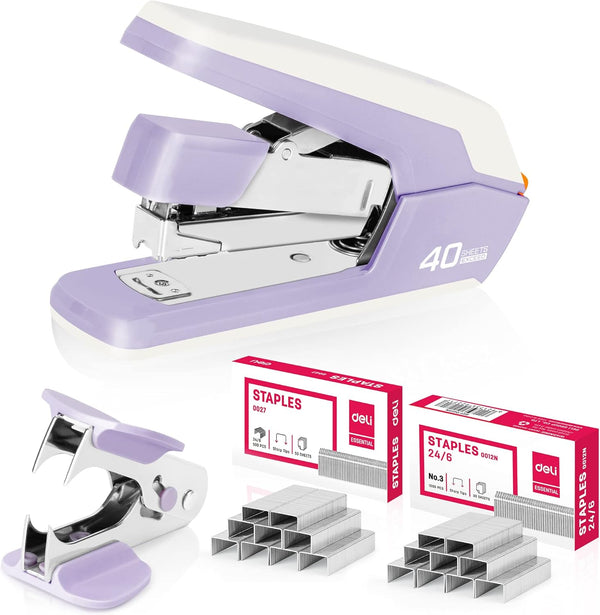Deli Effortless Desktop Stapler, Heavy Duty, One Finger, 40-50 Sheet Capacity, includes Staples & Staple Remover, Violet