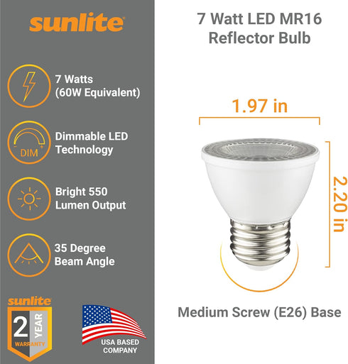Sunlite 45163 LED PAR16 Short Neck Recessed Spotlight Bulb, 7 Watt, (60W Halogen Replacement), 550 Lumens, Medium (E26) Base, Dimmable, ETL Listed, 3000K Warm White, 6 Count by Sunlite