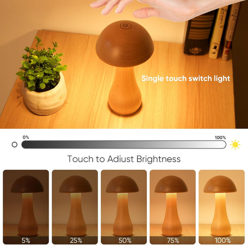 LONRISWAY Dimming, 360 Wooden Mushroom Lamp, Portable Cordless Touch Switch Rechargeable Battery Operated Lamp,Stepless