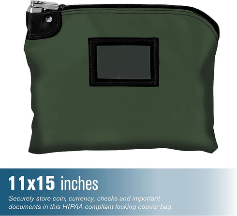 BankSupplies Laminated Nylon Locking Deposit Bags, Forest Green, 15W x 11H, Heavy-Duty Security Cash Bag