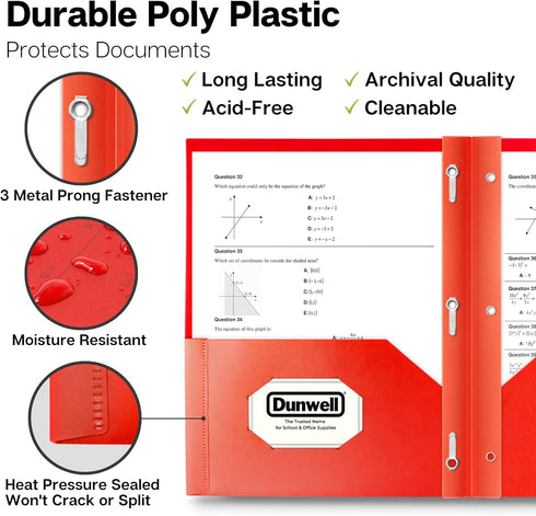 Dunwell Plastic 2-Pocket Folders with 3 Prongs, 2 Pack, Red, Durable Acid-Free Document Holder