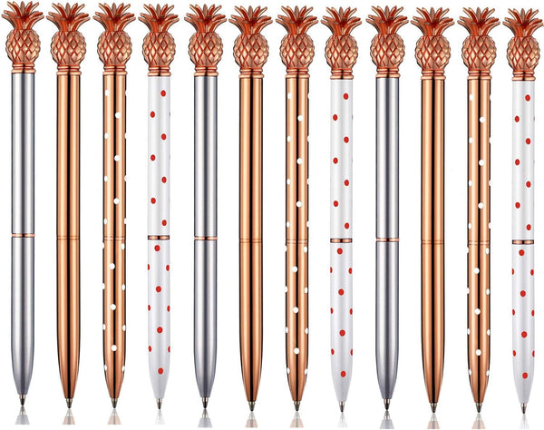 Outus Pineapple Pens, 12 Pieces Metal Ballpoint Pens in Rose Gold for Graduate Back to School Gifts, Black Ink