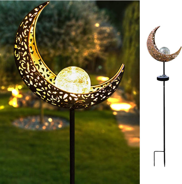Garden Solar Light Outdoor Decorative - Moon Crackle Glass Globe Stake Metal Lights, Waterproof Warm White LED