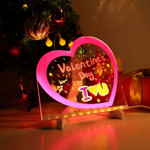 ENUOLI Acrylic Dry Erase Board with Light Pink Heart, LED Message Board with Stand for Desk, 7 Pens for Home & Wedding