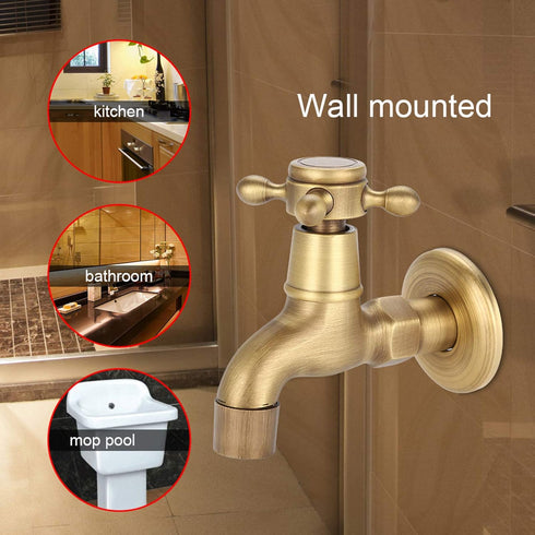 Wall Mounted Faucet, Vintage Solid Brass Single Cold Antique Lever Handle Water Tap for Kitchen Sink Laundry Utility