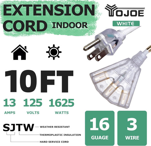 YOJOE White 10 ft Outdoor Extension Cord - 3 Prong Multiple Outlets Lighted Waterproof Power Cable