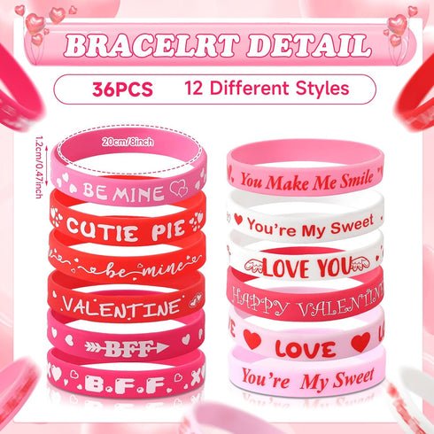 JUNEBRUSHS 72Pcs Valentine's Day Party Favors Set, 36Pcs Valentines Day Pencils with 36Pcs Silicone Bracelets