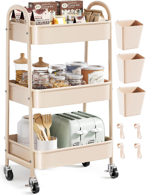 Osivaex Beige 3 Tier Rolling Cart Metal on Wheels, Three Tiered Storage Organizer