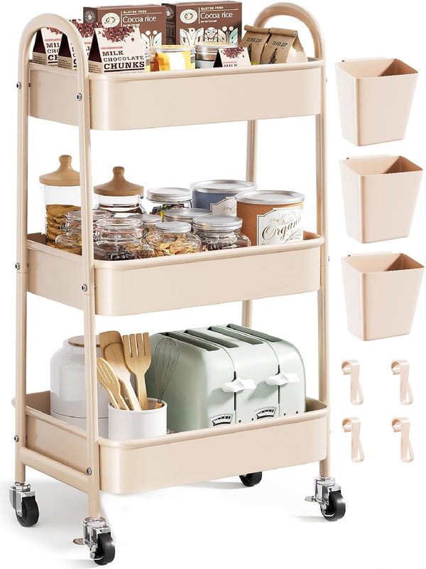 Osivaex Beige 3 Tier Rolling Cart Metal on Wheels, Three Tiered Storage Organizer