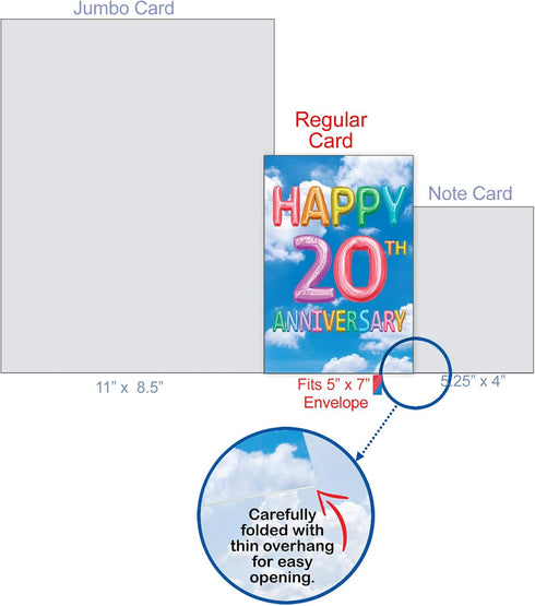 The Best Card Company 20th Milestone Anniversary Card - Envelope for Men, Women, and Couple (Not Actual Balloons)