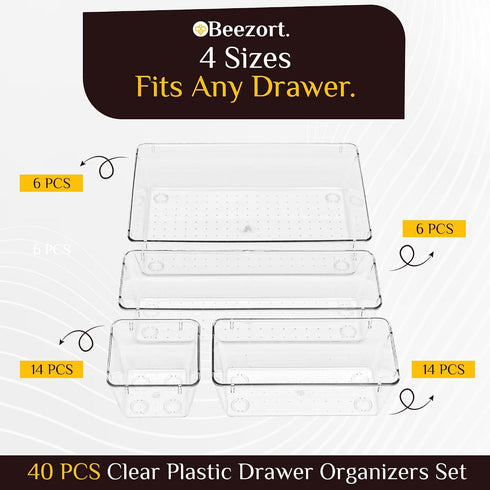 Beezort 40 Set, PCS Clear Drawer Organizer BPA-Free PET Plastic Trays with Non-Slip Pads, Nesting Storage Organizers