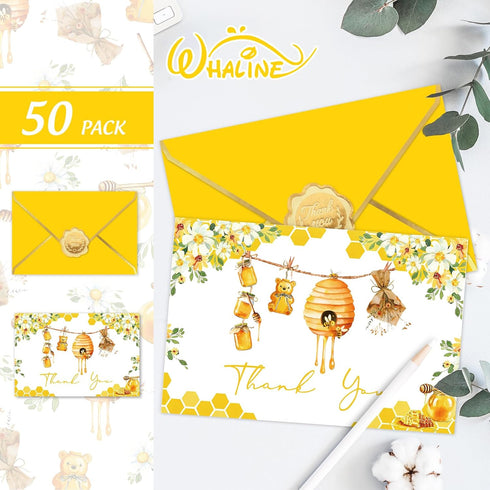 50 Pack Summer Whaline Little Honey Bee Baby Shower Thank You Cards Boxed Yellow Bear Greeting Cards with Envelopes