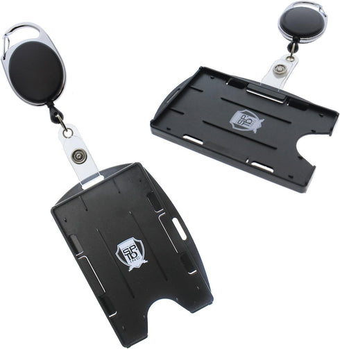 Premium Two Card Plastic Badge Holder - 2 Pack - Vertical or Horizontal - Heavy Duty Retractable Carabiner Clip Badge