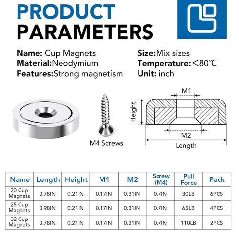 LOVIMAG Strong Magnets, 3 Size Heavy Duty Magnets, Neodymium Cup Magnets with Countersunk Hole and Screw for Wall Mounting, Holding Tools Lifting, Cruise, Fridge, Cabinet Magnets-Pack of 12