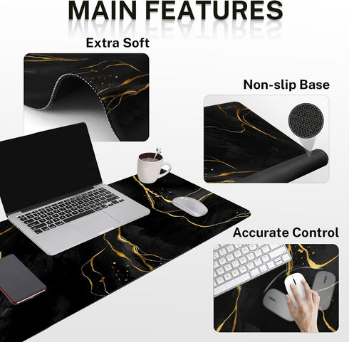 Britimes Set 4in1 35.4x15.7 inches Black Gold Marble Keyboard Mouse Pad Large Mousepad+Keyboard Wrist Rest+Mouse Wrist