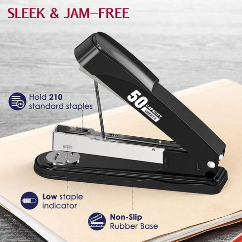 Metal Stapler, Heavy Duty 50 Sheet Capacity, Includes 1750 Staples and Staple Remover, Non-slip Office Stapler, Black