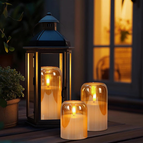3D Decor(3Pcs, D3H4/5"/6") Eldnacele Gold Glass Flameless Candles with Remote and Timer, Battery Operated Wick