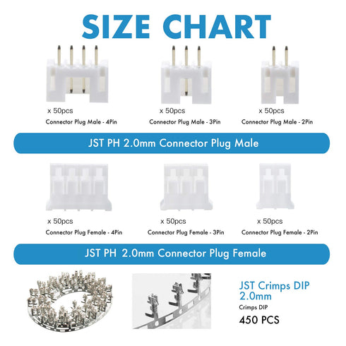 JST PH 2.0 mm Pitch 2-Pin/3-Pin/4-Pin JST Wiring Connecting IC Male Plugs, Female Sockets Housing and T-Shaped Crimp Terminal Kit. 150 Sets/750 Pieces JST PH Connector Adapter Cable Assembly.