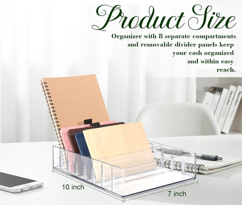 XUWAIDSGN Large Acrylic Cash Organizer - 8 Section Clear Money Budget Tray, Plastic Divider Bill Storage Holder (Clear)