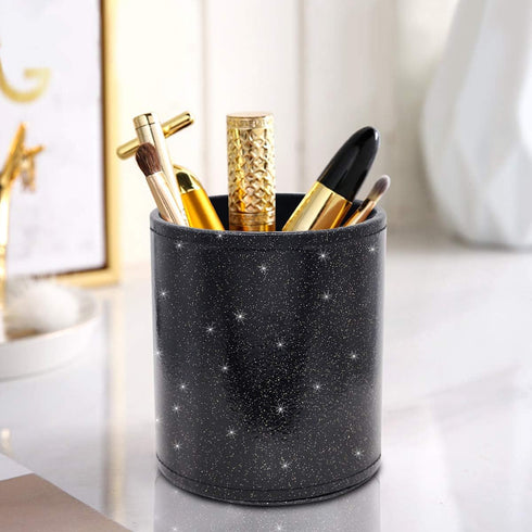 WAVEYU Pen Holder for Desk, Luxury Glitter Pencil Cup for School Office, Leather Desk Organizer for Students (Black)
