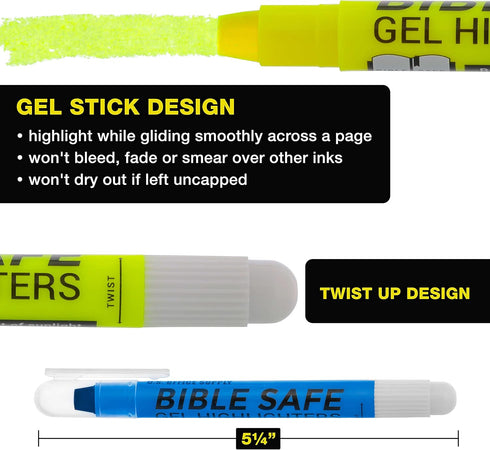 U.S. Office Supply Bible Safe Gel Highlighters, Pack of 12, 6 Neon Yellow and 6 Colors, Won't Bleed or Fade, Study Guide