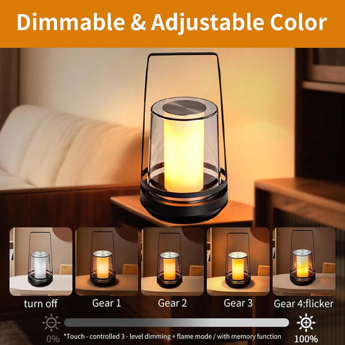 Dimmable Black Touch Table Lamp with Dynamic Flame Effect - Portable, Rechargeable Bedside Lamp, Tap for Flickering