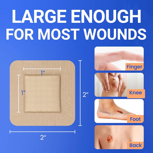 2x2 (20 Large Waterproof Bandages Silicone Foam Dressing for Sensitive Skin Wound Care, Adhesive Cohesive Pad