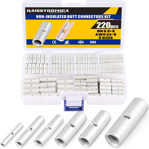 Haisstronica 220pcs Non Insulated Butt Connectors Kit for Wiring, Pure Copper AWG24-8 Crimp Connector