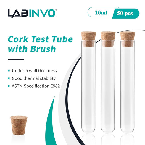10ml Glass Test Tubes with Cork Stoppers and Brush, Round Bottom, Thickness 1.0-1.2, 15x100mm, Pack of 50, for Plants, Bath Salts, Party Decoration, Scientific Experiments, IN-TTS02