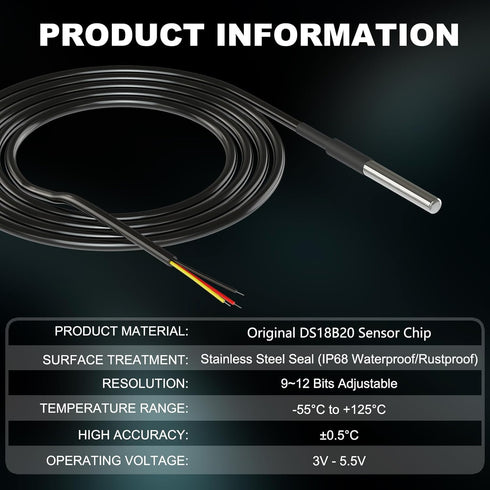 2 Pack DS18B20 2 Pack 4.7K DROK Waterproof Temperature Sensor Probes with ohm Resistors for Arduino Raspberry Pi DIY