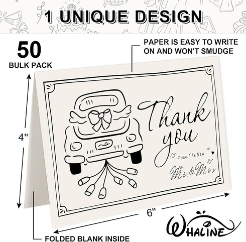50 Pack Whaline Wedding Thank You Cards Boxed Black The New Mr & Mrs Car Cake Thank You Greeting Note Cards